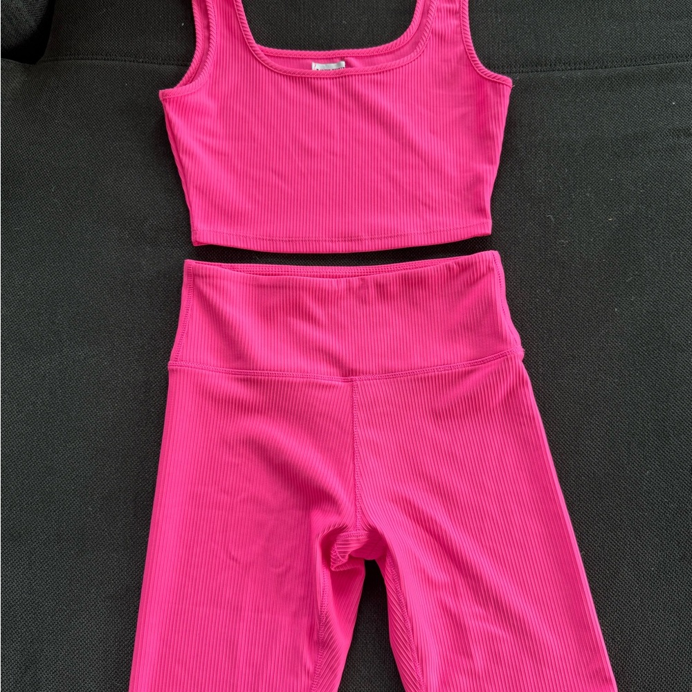 Pink Ribbed Tank and Leggings Set
